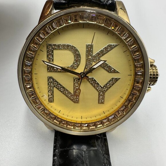 DKNY Watch Women Gold Tone Large Logo Dial Crystal Bezel Black Band New Battery - Picture 1 of 12